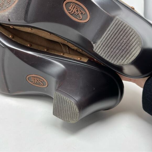 Sofft Tan Suede Nubuck leather copper stud heeled clogs mules neutral womens 9.5 - Picture 10 of 11